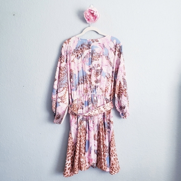 Venus Pink And Blue Floral Leopard Print Long Sleeve Belted Dress - Picture 10 of 10